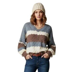 Listicle Womens Cable Knit Drop Shoulder Pullover Sweater Blue/White/Brown Small